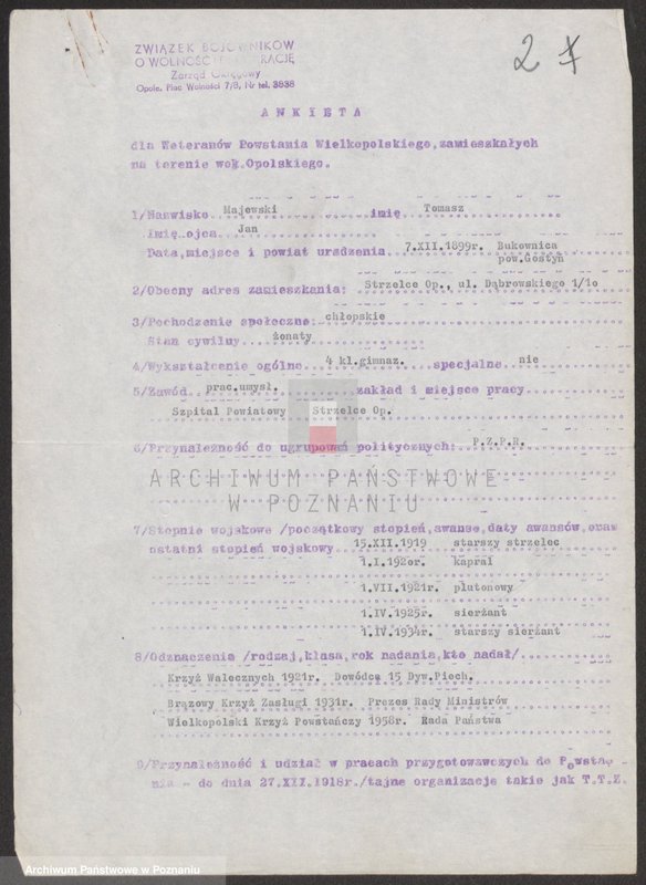 Obraz 8 z jednostki "Ankieta dla weteranów powstania wielkopolskiego zamieszkałych na terenie województwa opolskiego. Część ll."