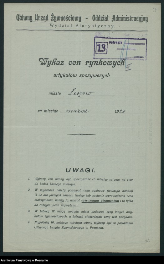 Obraz 15 z jednostki "[Wykaz cen rynkowych artykułów spożywczych w poszczególnych miastach Województwa Poznańskiego za miesiąc marzec 1920]"