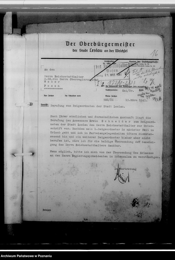 image.from.unit.number "Berufung des Assessors Schneider in Hohensalza - Inowrocław, zum 3. Beigeordneten- Stadtrechtsrat"