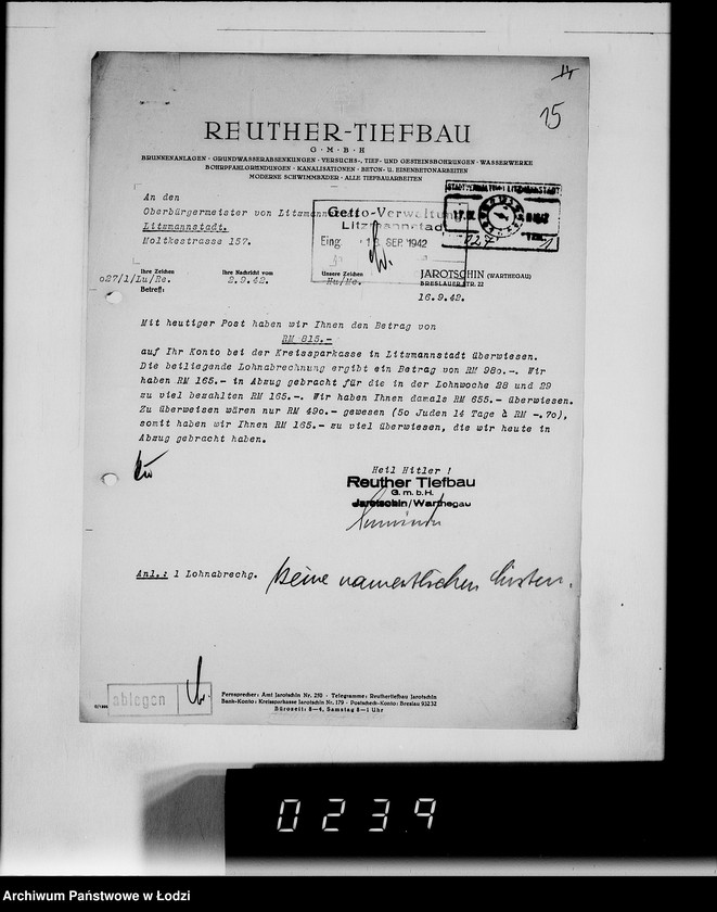 Obraz 18 z jednostki "Sonderkonto 12300. Arbeitsamt Hohensalza Lager:Amsee (Reuther- Tiefbau), Hohensalza Amsee, (Continentale Wasserwerk- Gesellschaft), Bahnhof Hohensalza (Otto Quast), Jakschitz (Otto Quast), Weidener Weiche, Reichsbahn (Otto Quast)."