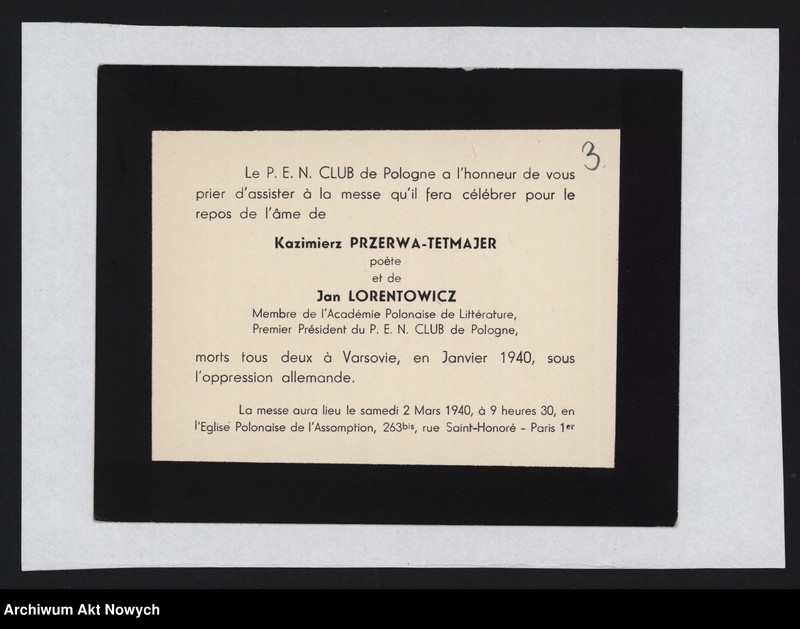 image.from.unit.number "Association France-Pologne; Załączniki: zaproszenie na nabożeństwo żałobne za Kazimierza Przerwę-Tetmajera i Jana Lorentowicza (2 egz., j. pol. i j. fr.); L.1"