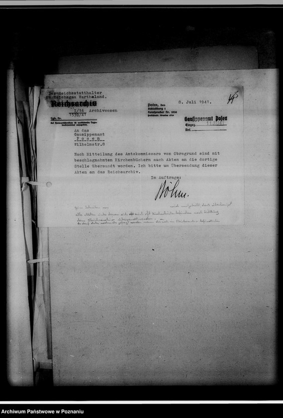 Obraz 9 z jednostki "[Korespondencja w sprawie przekazywania ksiąg kościelnych z Gausippenamt w Poznaniu do Reichsarchiv w Poznaniu]"