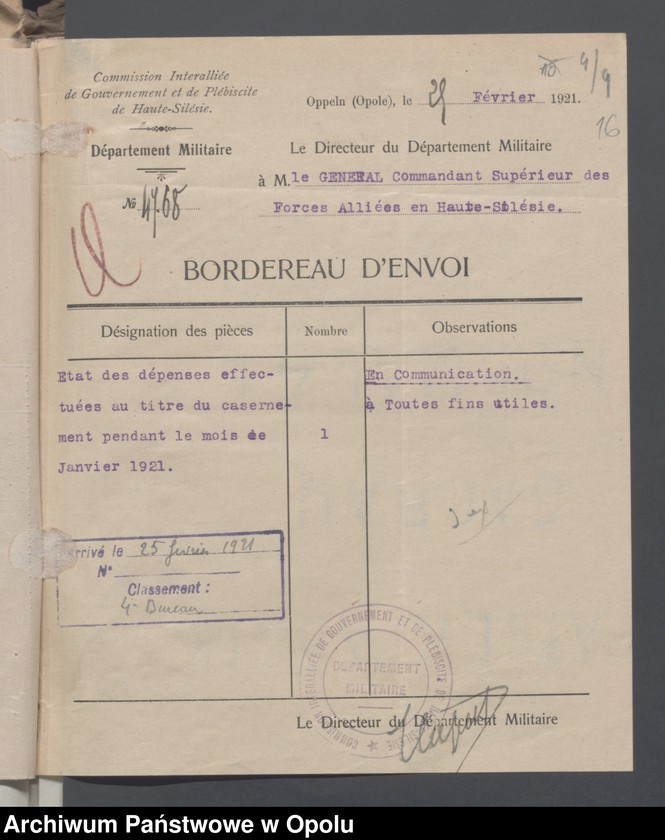 Obraz 18 z jednostki "Service du Genie-Casenement-Cantonnement  /Korespondencja i zarządzenia z zakresu rozlokowania wojska, przydziały koszar/ 4.02.- 10.09.1921"