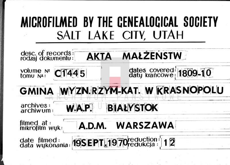 Obraz 1 z jednostki "Akta Cywilne Małżeństwa Gminy Krasnopolskiey od R.1809 1-go Maia do 1810 1-go Maia."
