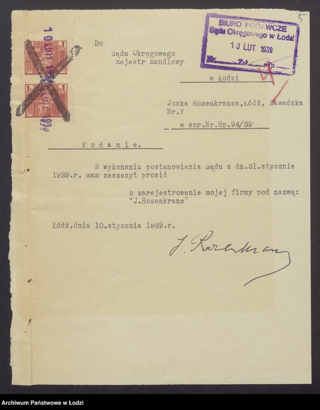 Obraz 7 z jednostki "Josek Rozenkranc – wyrób i sprzedaż towarów bawełnianych i bawełniano-wigoniowych"