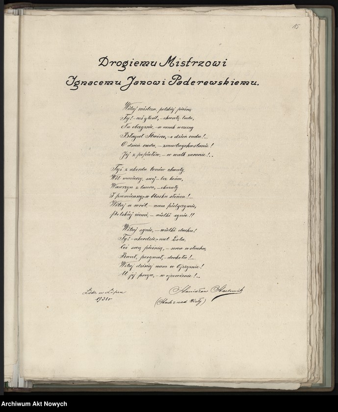 image.from.unit.number ""LXX Ignacemu Paderewskiemu - Łodzianie". Album pamiątkowy, oprawny w skórę, strona tytułowa obita srebrem"