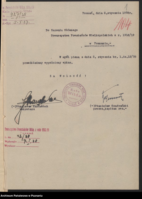 Obraz 4 z jednostki "Korespondencja, protokoły zebrań, okólniki Związku Powstańców Wielkopolskich."