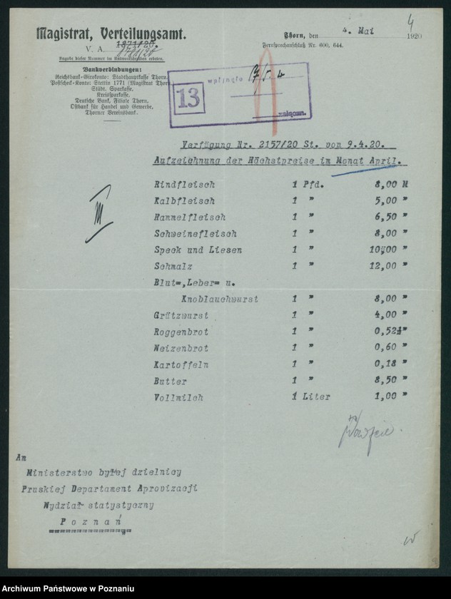 Obraz 6 z jednostki "[Wykazy cen maksymalnych Województwa Pomorskiego za miesiąc kwiecień 1920 roku]"