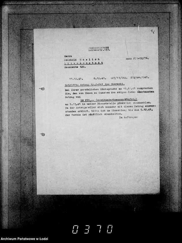 Obraz 11 z jednostki "J. 641-660.[Wnioski Żydów z Getta o zwrot należności za pracę lub towar wzięty na kredyt]"