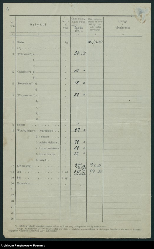 Obraz 10 z jednostki "[Wykazy cen maksymalnych artykułów spożywczych w poszczególnych miastach Województwa Pomorskiego za miesiące czerwiec i lipiec 1920 roku]"