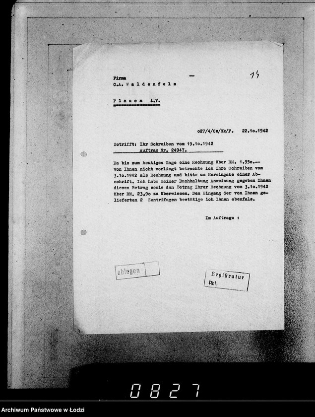 Obraz 19 z jednostki "[Korespondencja z urzędami, instytucjami i firmami]. Lit.Wa-Weg."