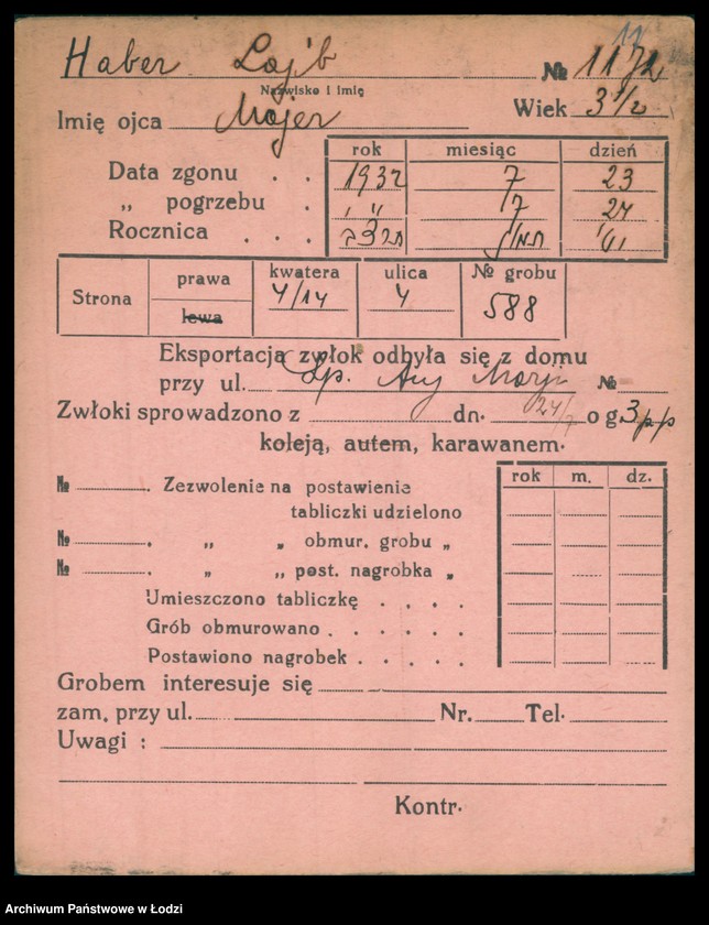 Obraz 12 z jednostki "Kartoteka osób pochowanych na cmentarzu żydowskim przy ulicy Brackiej w latach 1892-1961. Nazwiska na litery: Ha-Helme"