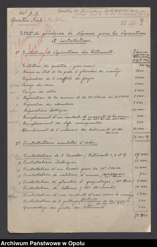 Obraz 12 z jednostki "Tabelau Recapitula et Etats de Previsions de Depenses Casernement  /Zestawienie wydatków na zakwaterowanie wojsk, remonty, sprzęt kwaterunkowy/ III. 1920"