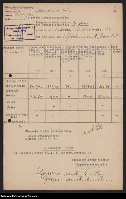 Obraz 8 z jednostki "[Wykazy odstawionego zboża przez Związek Komunalny w Gnieźnie]"