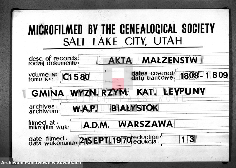 image.from.unit.number "Księga Aktów Cywilnych Małżeństwa Gminy Leypuńskiej od Dnia pierwszego Maja 1808 zaczęta y do końca Dnia 1-o Maja 1809 R-u ukończona"