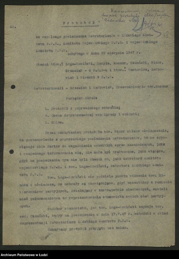 Obraz 19 z jednostki "Protokoły [z konferencji] i narad międzypartyjnych PPS i PPR [Wojewódzkich komitetów, stenogram z posiedzenia wspólnego WK PPS i KW PPR, oceny, analizy aktywu gospodarczego i komitetów współpracy PPS i PPR] [i załączniki]"