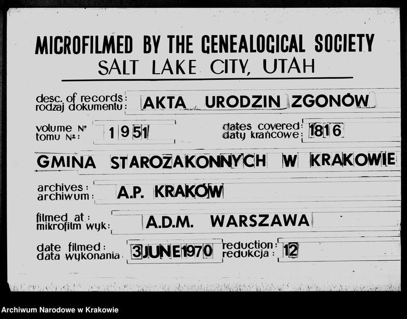 image.from.unit.number "Xięga IIga Akt Stanu Cywilnego dla Zgromadzenia Osób Wyznanania Moyzesowego w Wolnem Miescie Krakowie Zamieszkałych Obeymuiąca Akta Urodzenia i Przyznania Przysposobienia i Zeyscia w Roku 1816m prowadzona i Redagowana przez Stanisława Hebdank Dudzicza Urzędnika Stanu Cywilnego teyze Gminy"
