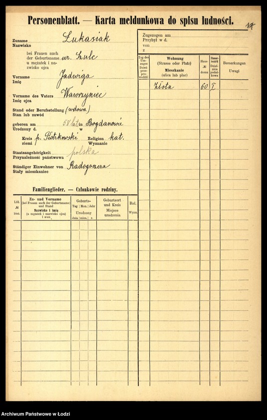 Obraz 19 z jednostki "[Spis ludności Łodzi] Łukasiewicz - Luński"