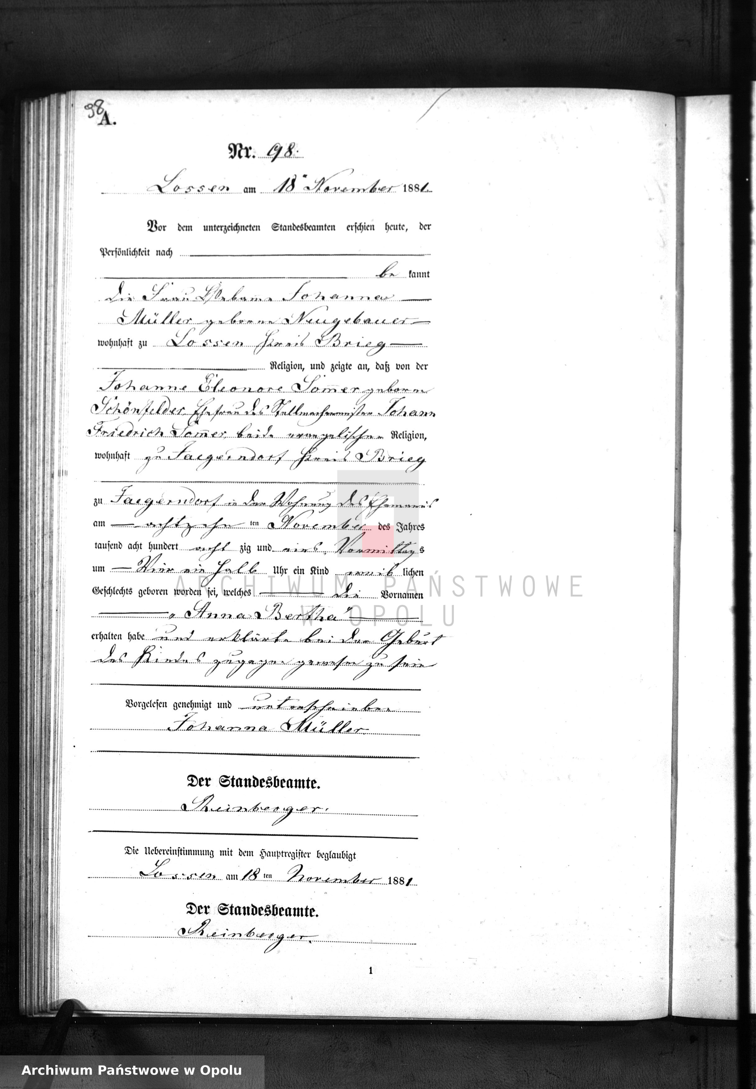 Skan z jednostki: Geburts-Neben-Register Standes-Amt Lossen 1881