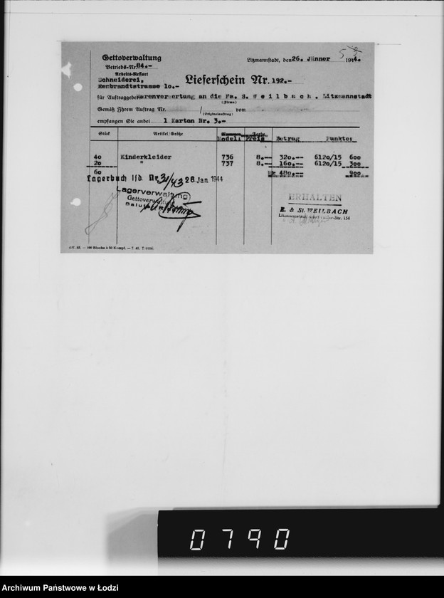 Obraz 9 z jednostki "F-ma St.Weilbach Litzmannstadt V Warenverwertung an den Juden Ältesten. Kinder-Kleider, Teppiche, Brücken"