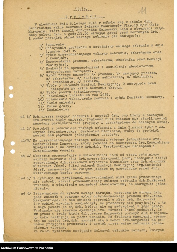 Obraz 14 z jednostki "Współdziałanie Zarządu Głównego Związku Powstańców Wielkopolskich z kołami: 1. Leszno [1947] 2. Łowyń [1946] 3. Margonin [1946-1948] 4. Miejska Górka [1949] 5. Mieszków [1946-1947] 6. Międzychód [1946-1948] 7. Mogilno [1946-1947] 8. Mosina [1946] 9. Mrocza [1947] 10. Nakło [1945-1949] 11. Oborniki [1947] 12. Osieczna [1948] 13. Ostrów Wielkopolski [1946-1947] 14. Piaski [1948] 15. Pleszew [1947-1948] 16. Podolin [1947-1948]"