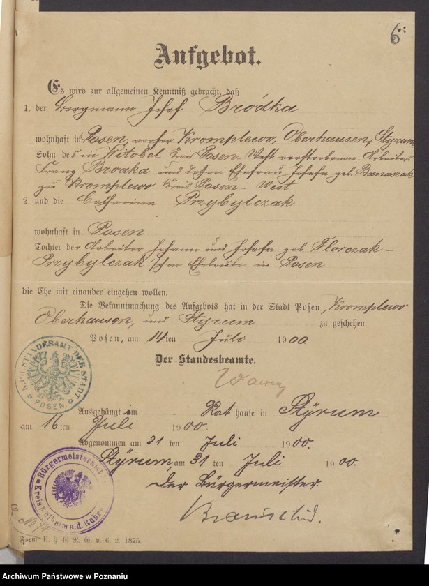 Obraz 8 z jednostki "Die von den Verlobten beigebrachten Urkunden zur Eheschliessung pro 1900"