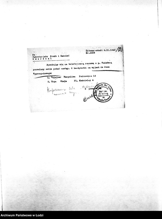 Obraz 15 z jednostki "[Korespondencja resortów i osób prywatnych w sprawie pomocy materialnej i lekarskiej dla starych i chorych mieszkańców getta]"