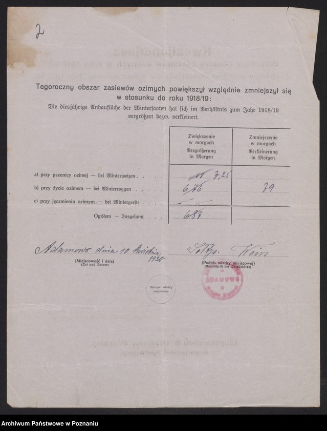 Obraz 4 z jednostki "[Kwestionariusz dotyczący zasiewów ozimych w roku 1919/1920 w powiecie babimojskim]"