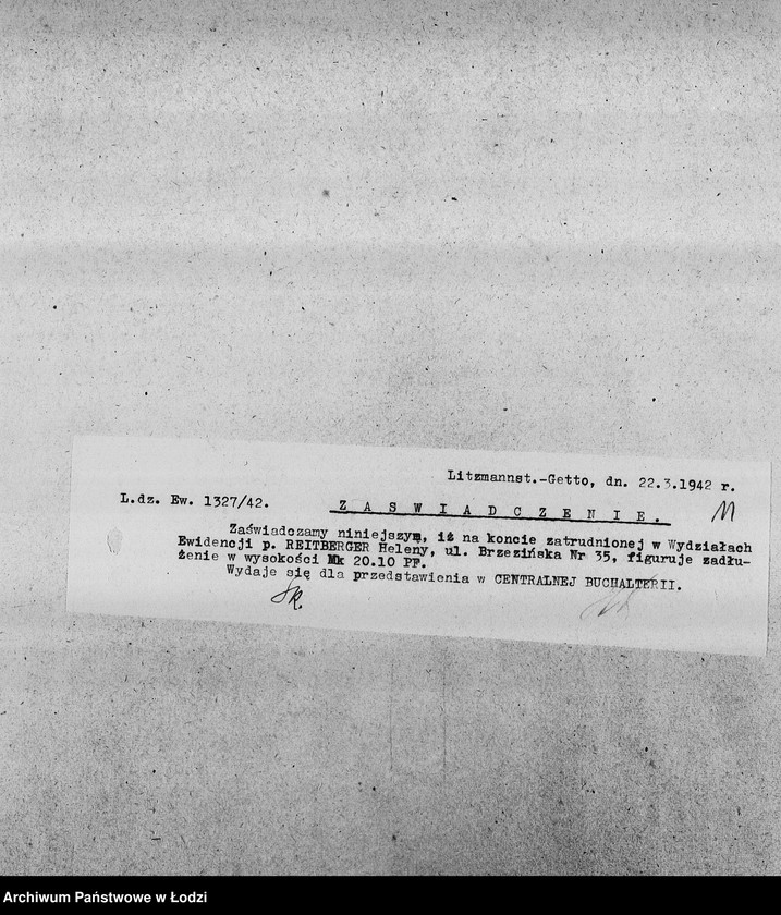 Obraz 14 z jednostki "[Kopie zaświadczeń dla pracowników Wydziałów Ewidencji o zatrudnieniu, wysokości poborów, potrąceniach za komorne, przydziałach żywnościowych i inne]"