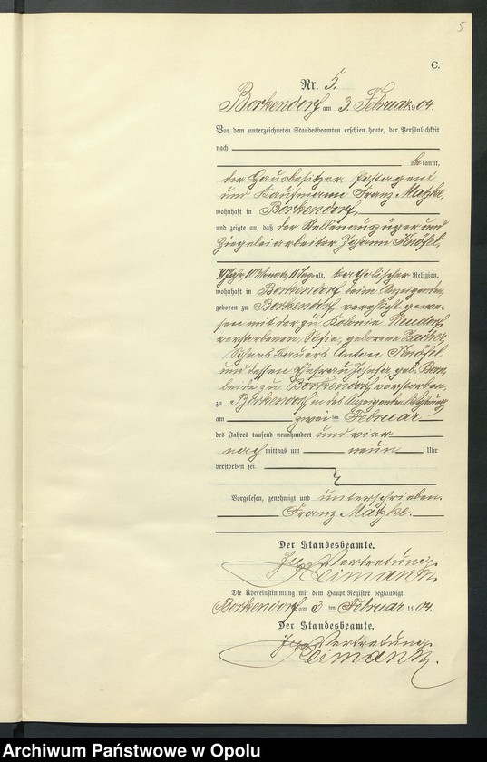 Obraz 9 z jednostki "Sterbe-Neben-Register des Standesamts Borkendorf pro 1904"