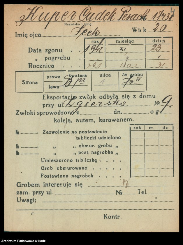 Obraz 5 z jednostki "Kartoteka osób pochowanych na cmentarzu żydowskim przy ulicy Brackiej w latach 1892-1956. Nazwiska na litery: Kup-Kz"