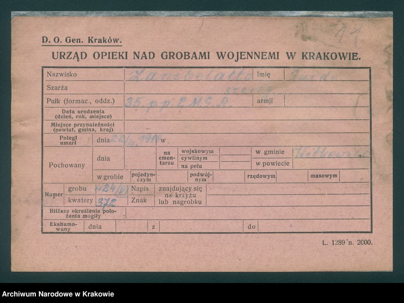 image.from.unit.number "Karty ewidencyjne zmarłych Włochów na terenie powiatów Zabrek, Cernovir, Witkowitz (Czechy)."