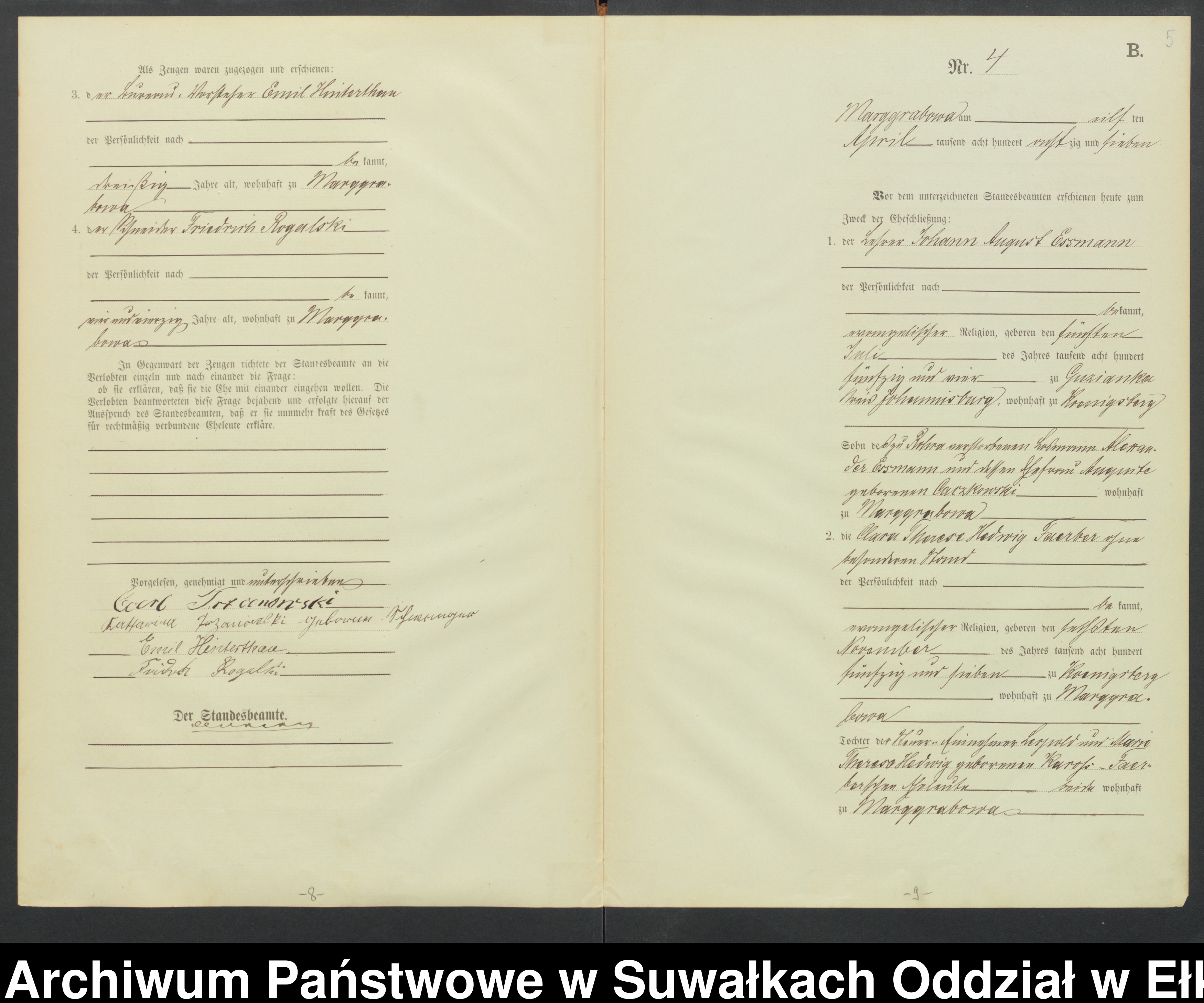 Skan z jednostki: Heiraths-Haupt-Register des Königlichen Preussischen Standes-Amtes Stadtgemeinde Marggrabowa Kreis Oletzko