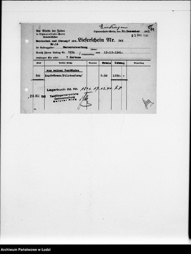 Obraz 15 z jednostki "Handschuh-u.Strumpf-Abteilung. [Świadectwa dostaw z Getta]"