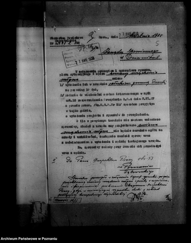 Obraz 9 z jednostki "Zatwierdzenie projektu zmiany zakładu przemysłowego /młyna motorowego/ w Dusznikach powiat szamotulski"