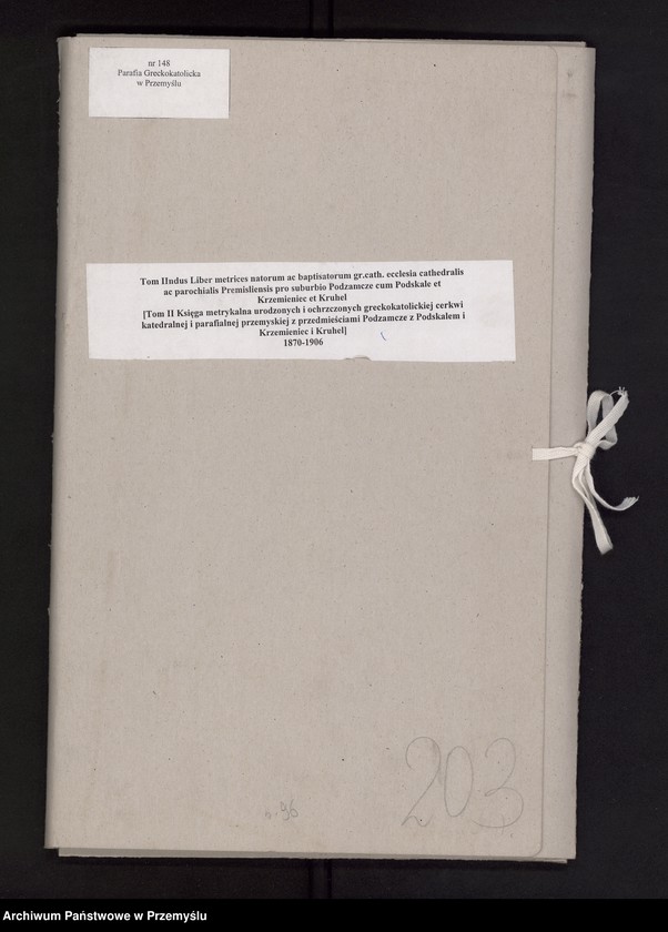 image.from.unit.number "Tom IIndus Liber metrices natorum ac baptisatorum gr.cath. ecclesia cathedralis ac parochialis Premisliensis pro suburbio Podzamcze cum Podskale et Krzemieniec et Kruhel [Tom II Księga metrykalna urodzonych i ochrzczonych greckokatolickiej cerkwi katedralnej i parafialnej przemyskiej z przedmieściami Podzamcze z Podskalem i Krzemieniec i Kruhel]"