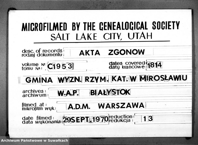 image.from.unit.number "Akta Umarłych w Gminie Mirosławskiey w R-u 1814 od dnia 1-go Stycznia do ostatniego Grudnia"