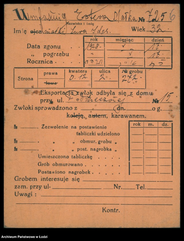 Obraz 7 z jednostki "Kartoteka osób pochowanych na cmentarzu żydowskim przy ulicy Brackiej w latach 1892-1944. Nazwiska na literę U"