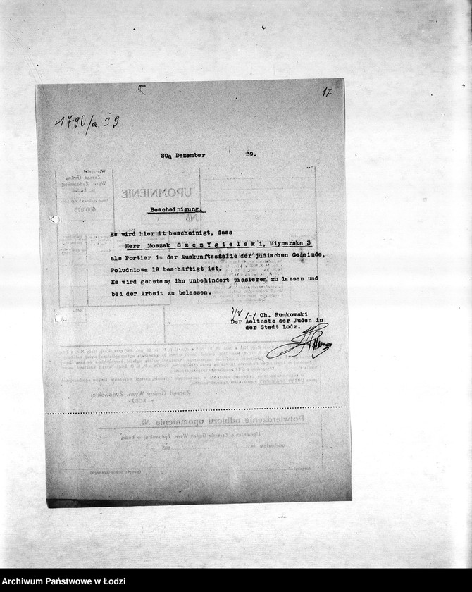 Obraz 20 z jednostki "Sprawy zaświadczeń [m.in. o zatrudnieniu mieszkańców getta, wysokości poborów, miejscu zamieszkania, sytuacji materialnej, wsparciach pieniężnych]"