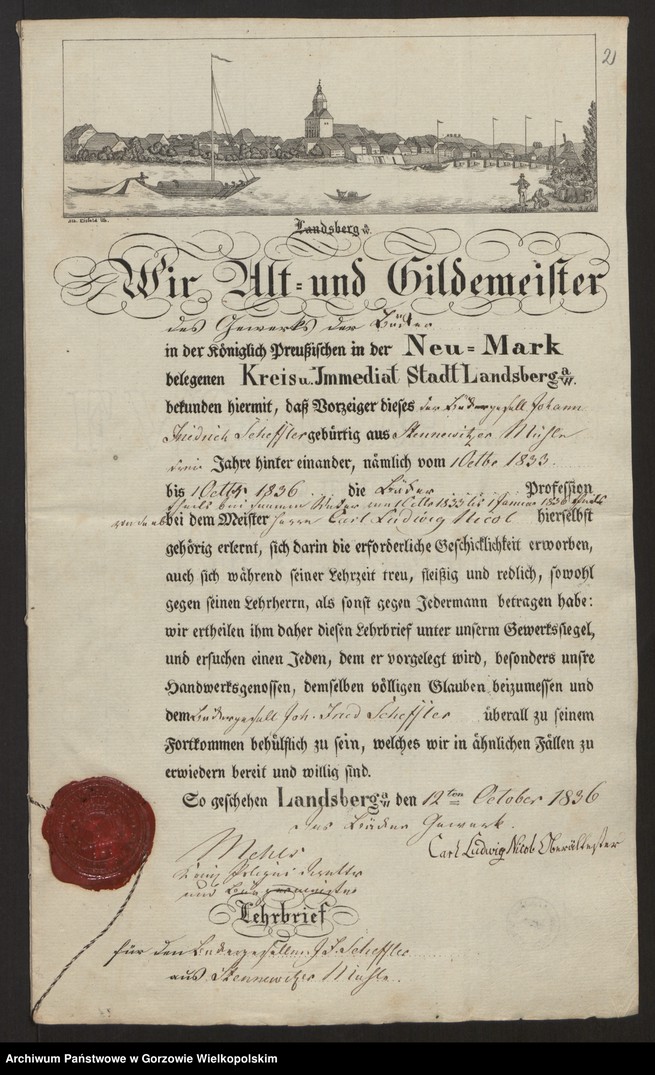 image.from.unit.number "[Lehrbrief für den Bäckergesellen Johann Friedrich Scheffler aus Stennewitzer Mühle. Landsberg a/W den 12 October 1836]"