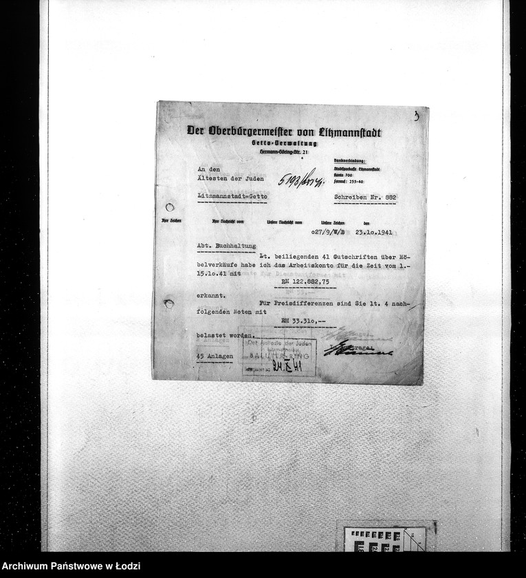 Obraz 6 z jednostki "Sonderkonto [Korespondencja PSŻ z GV w sprawach buchalteryjnych: uznanie konta za przekazane Niemcom mienie żydowskie i dostarczoną siłę roboczą w zamian świadczeń ze strony GV]"