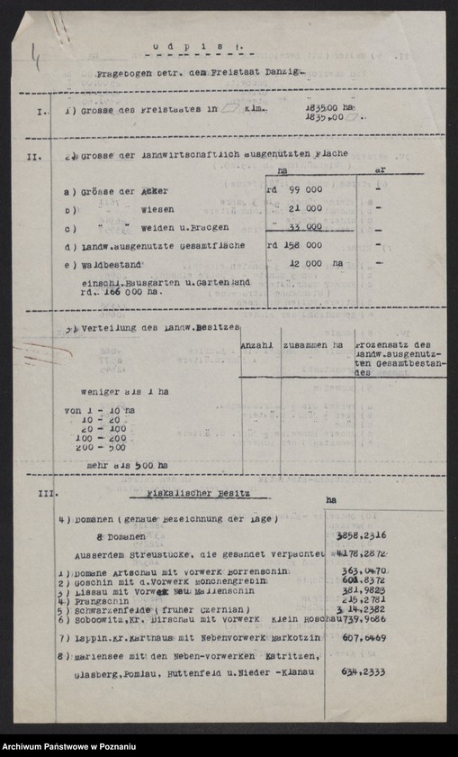 Obraz 6 z jednostki "[Dane dotyczące Wolnego Miasta Gdańska, m.in. dotyczące zapotrzebowania na mleko, wielkości produkcji zboża, ziemniaków i innych płodów rolnych, sztuk bydła i trzody chlewnej oraz liczby robotników zrzeszonych w związkach zawodowych]"