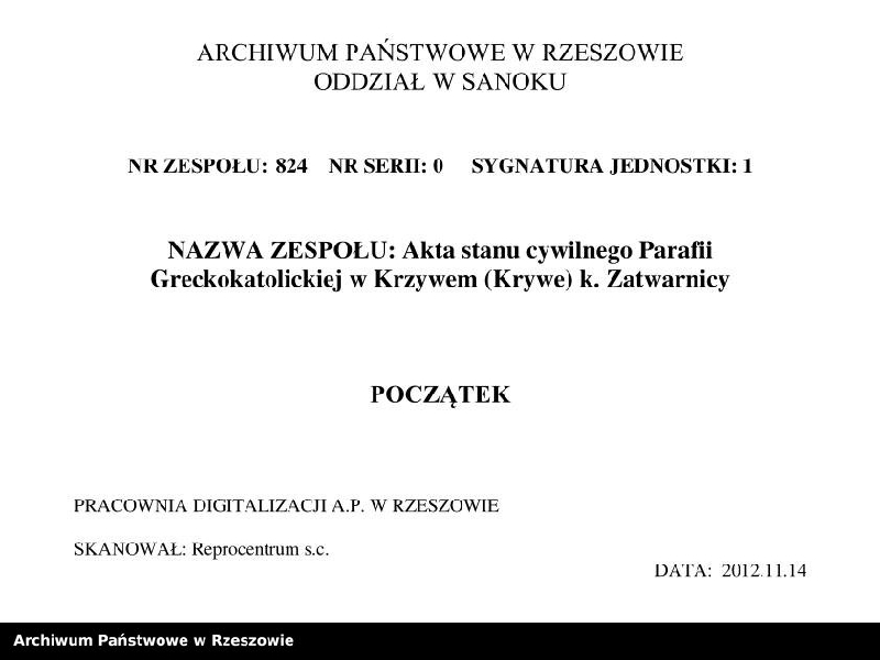 Obraz 3 z jednostki "Księga urodzeń, małżeństw i zgonów dla miejscowości Krywe (Krzywe), Hulskie i Tworylne"