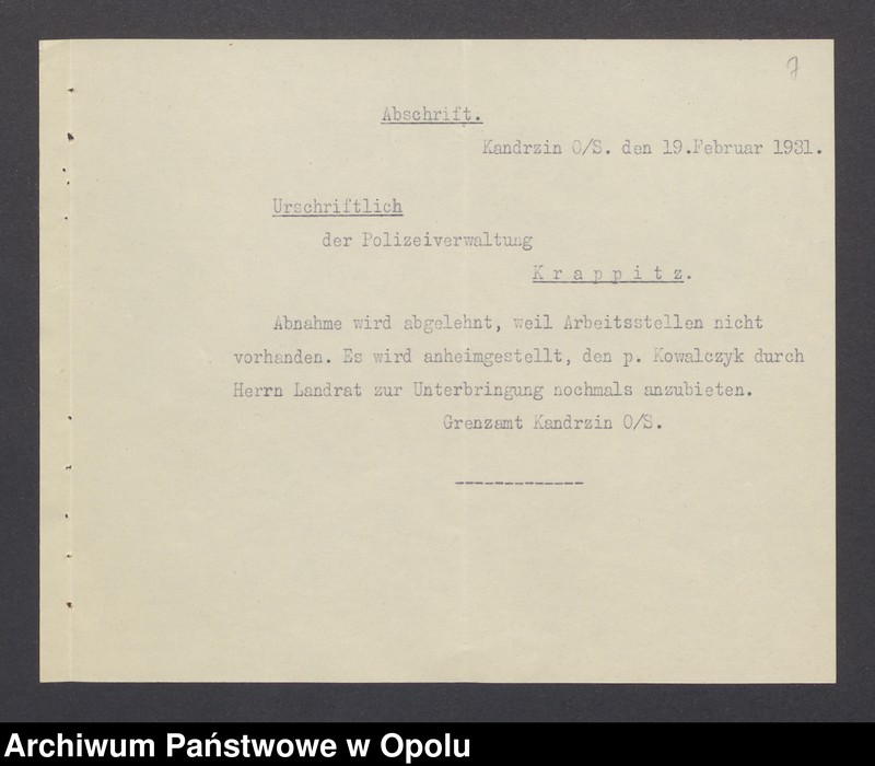 Obraz 8 z jednostki "[Zezwolenie na pobyt - dezerter Johann Kowalczyk, ur. 4. 08. 1908 w Oświęcimiu]"