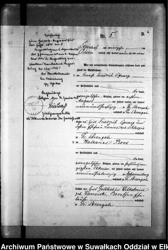 image.from.unit.number "Heiraths-Neben-Register des Preussischen Standes-Amtes Gr. Strengeln Kreis Angerburg"