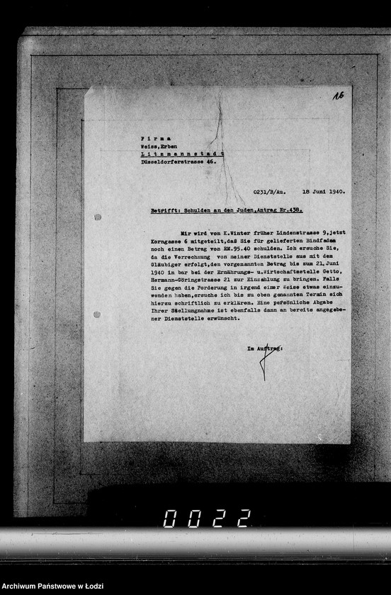 Obraz 20 z jednostki "J[uden] 436-450 [Wnioski Żydów z Getta o zwrot należności za pracę lub towar wzięty na kredyt]"