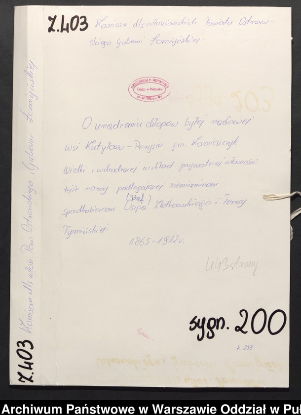 image.from.unit.number "O urządzaniu chłopów byłej rządowej wsi Kutyłowo-Perysie gm. Kamieńczyk Wielki, wchodzącej w skład prywatnej własności tejże nazwy podlegającej ziemianinom spadkobiercom Osipa Złotkowskiego i Teresy Tymińskiej"