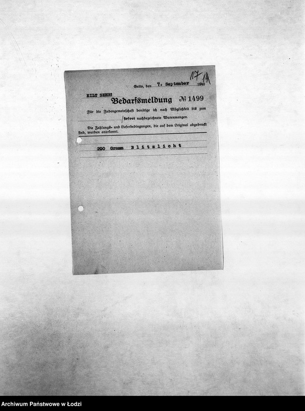 Obraz 20 z jednostki "Bedarfsmeldungen [Kopie skierowanych do Getto Verwaltung (Zarządu Getta) zapotrzebowań na surowce, materiały, narzędzia, maszyny itp. potrzebne resortom pracy do produkcji]"