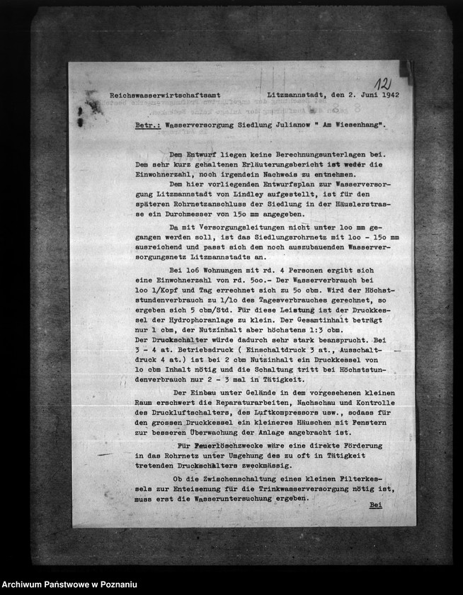 Obraz 18 z jednostki "Der Oberbürgermeister von Litzmannstadt. Finanzierungsbeihilfe "Am Wiesenhang". Wasserversorgung"