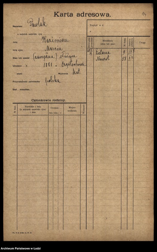Obraz 16 z jednostki "[Spis ludności Łodzi] Pawlak"